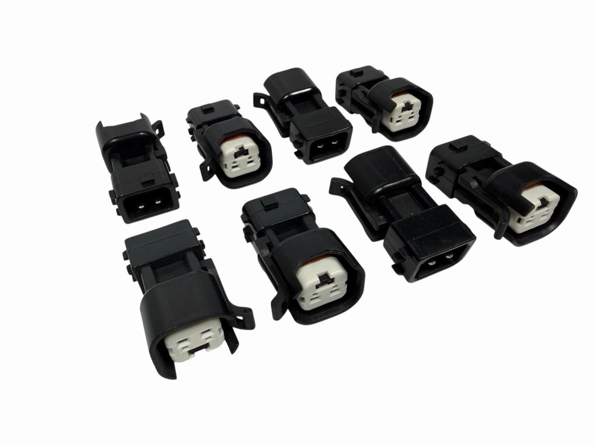 JackSpania Racing EV6 EV14 fuel injector adapter quick connector harness set for OBD2 style engine fuel system.
