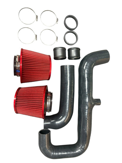 JackSpania Racing high flow cold air intake kit for 2007-12 BMW 135i and 335i N54 turbo engine, featuring blue filters and metal tubing.