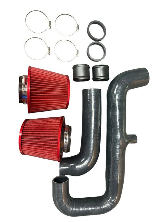 JackSpania Racing high flow cold air intake kit for 2007-12 BMW 135i and 335i N54 turbo engine, featuring blue filters and metal tubing.