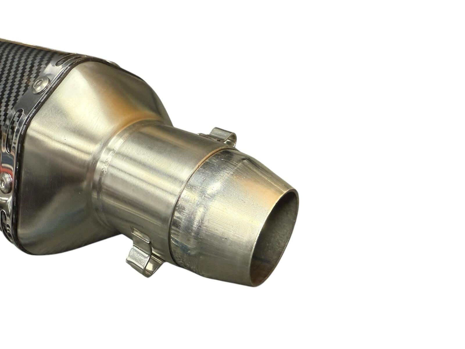 JackSpania Racing slip-on motorcycle exhaust muffler pipe with 51mm diameter and DB killer silencer, shown with mounting features.