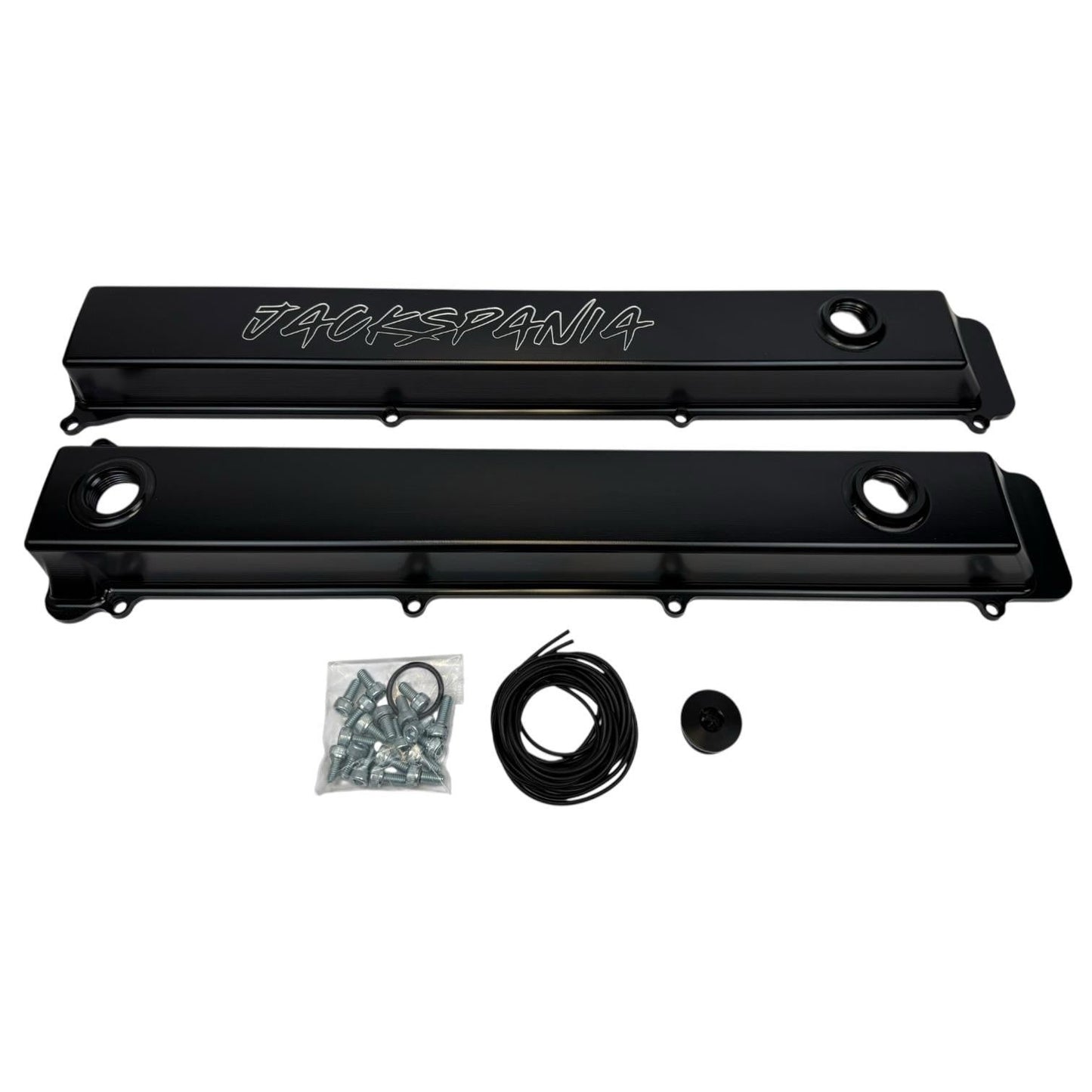 Toyota Supra 2JZGTE VVTI billet valve covers with anodized oil cap and bolts, engineered by JackSpania Racing for engine performance.