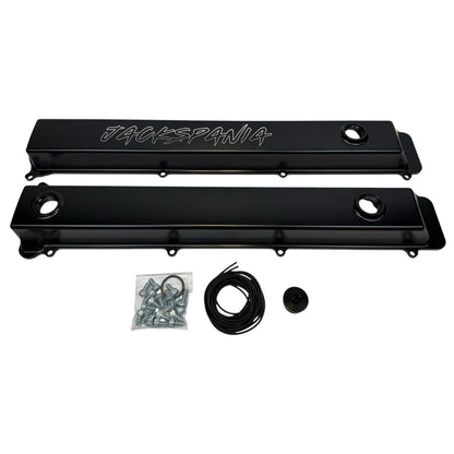 Toyota Supra 2JZGTE VVTI billet valve covers with anodized oil cap and bolts, engineered by JackSpania Racing for engine performance.