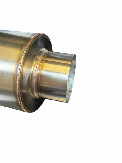 Stainless steel JackSpania Racing brushed rolled tip muffler with 3-inch outlet and spoon style design for universal exhaust systems