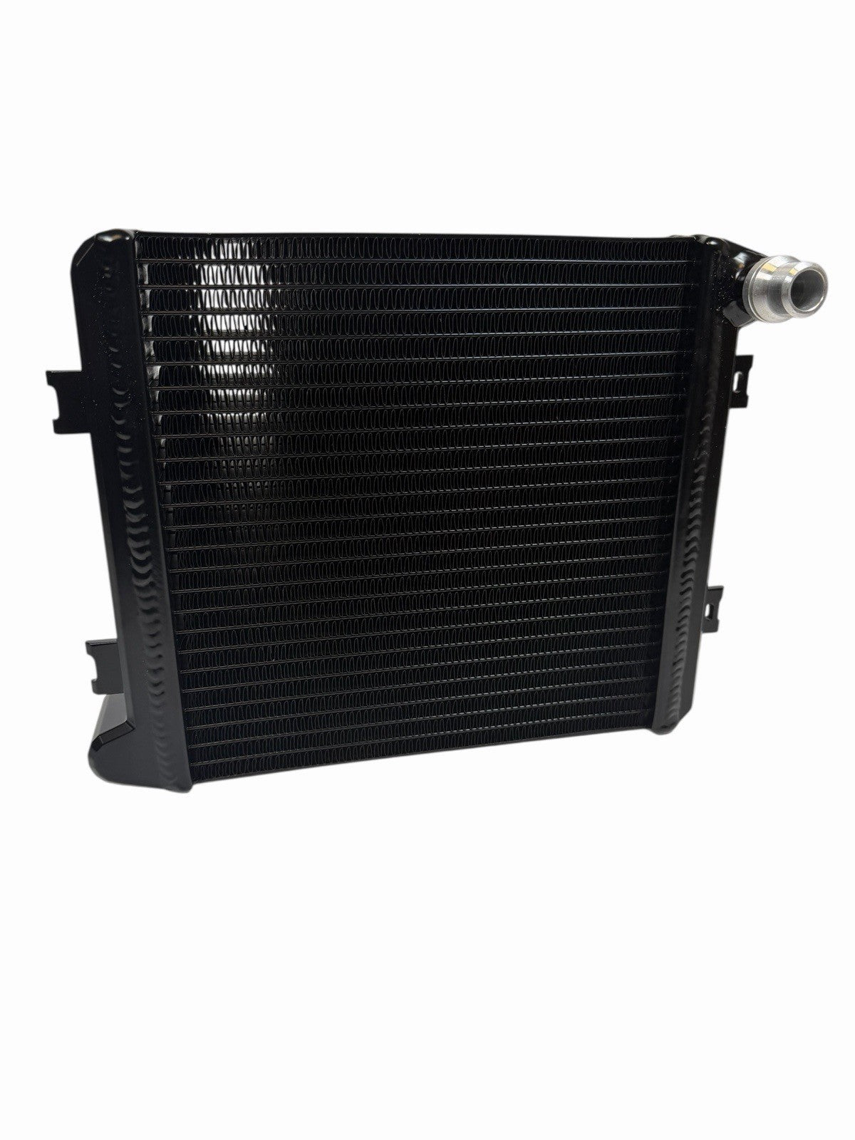 Auxiliary cooling radiator for Mercedes AMG GT S, C63, GLE63, GLS63 by JackSpania Racing, showing the metal core and fittings.