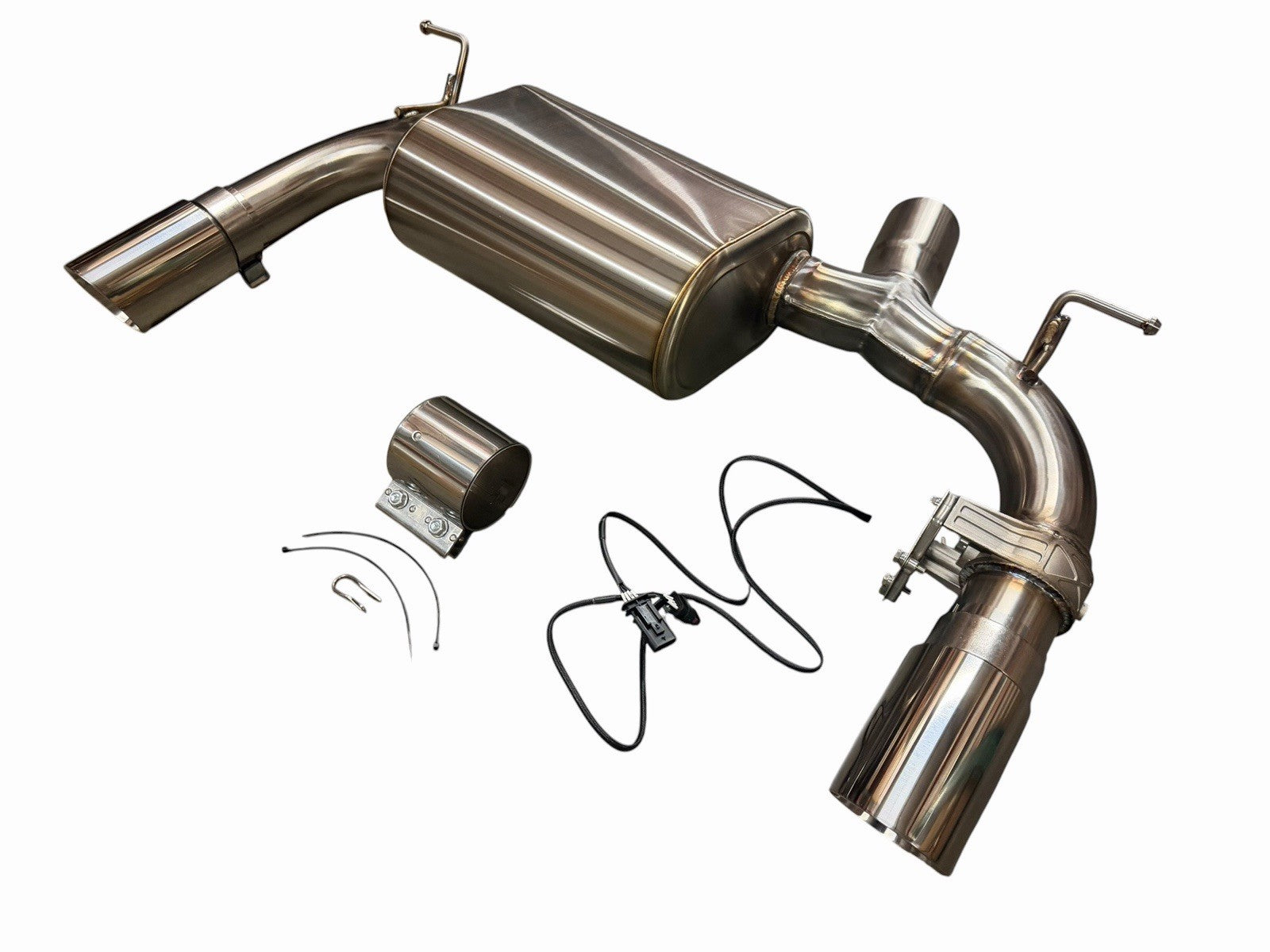 BMW F30, F22, F32, F36 valved axle back sport exhaust muffler by JackSpania Racing, showing polished metal finish and valve mechanism.