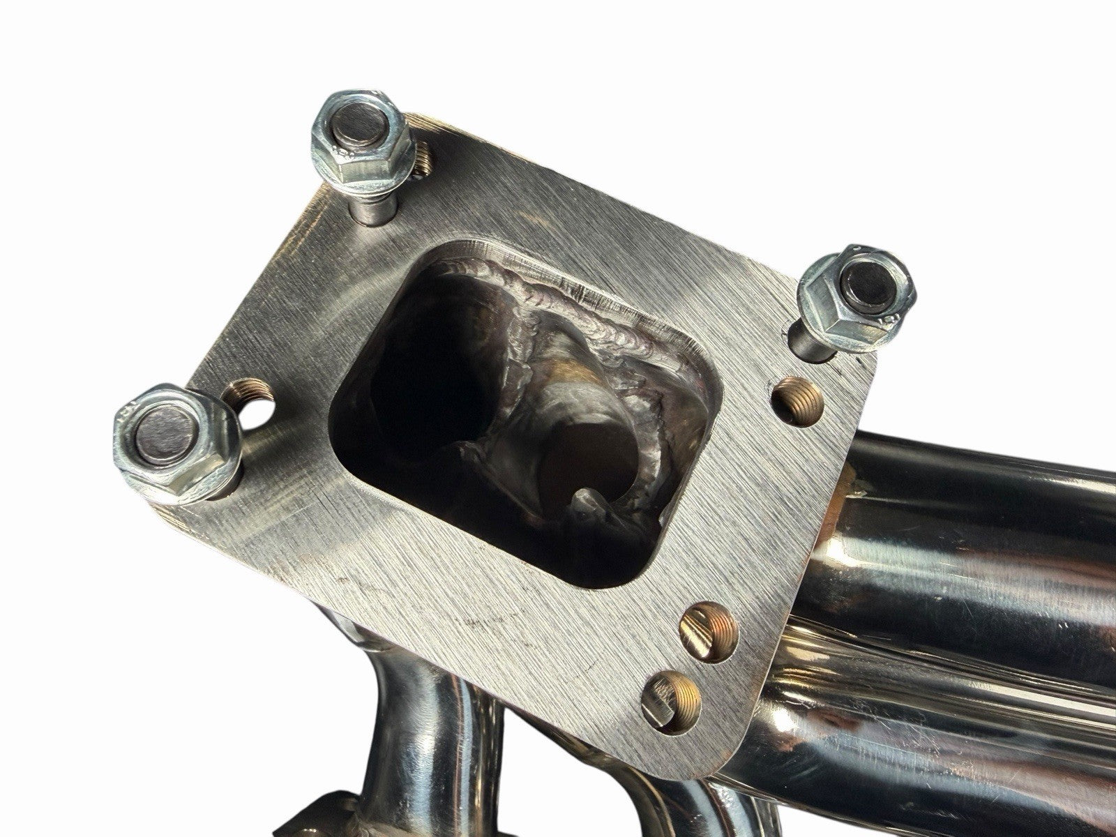 BMW E46 E36 E39 tubular turbo manifold with T3 T4 flange and 44mm wastegate, by JackSpania Racing, for exhaust performance.