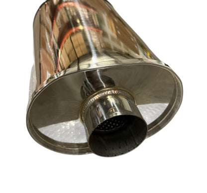 Polished JackSpania Racing dual wall universal 3-inch short tip muffler with 3.5-inch outlet and oval shape for exhaust systems.