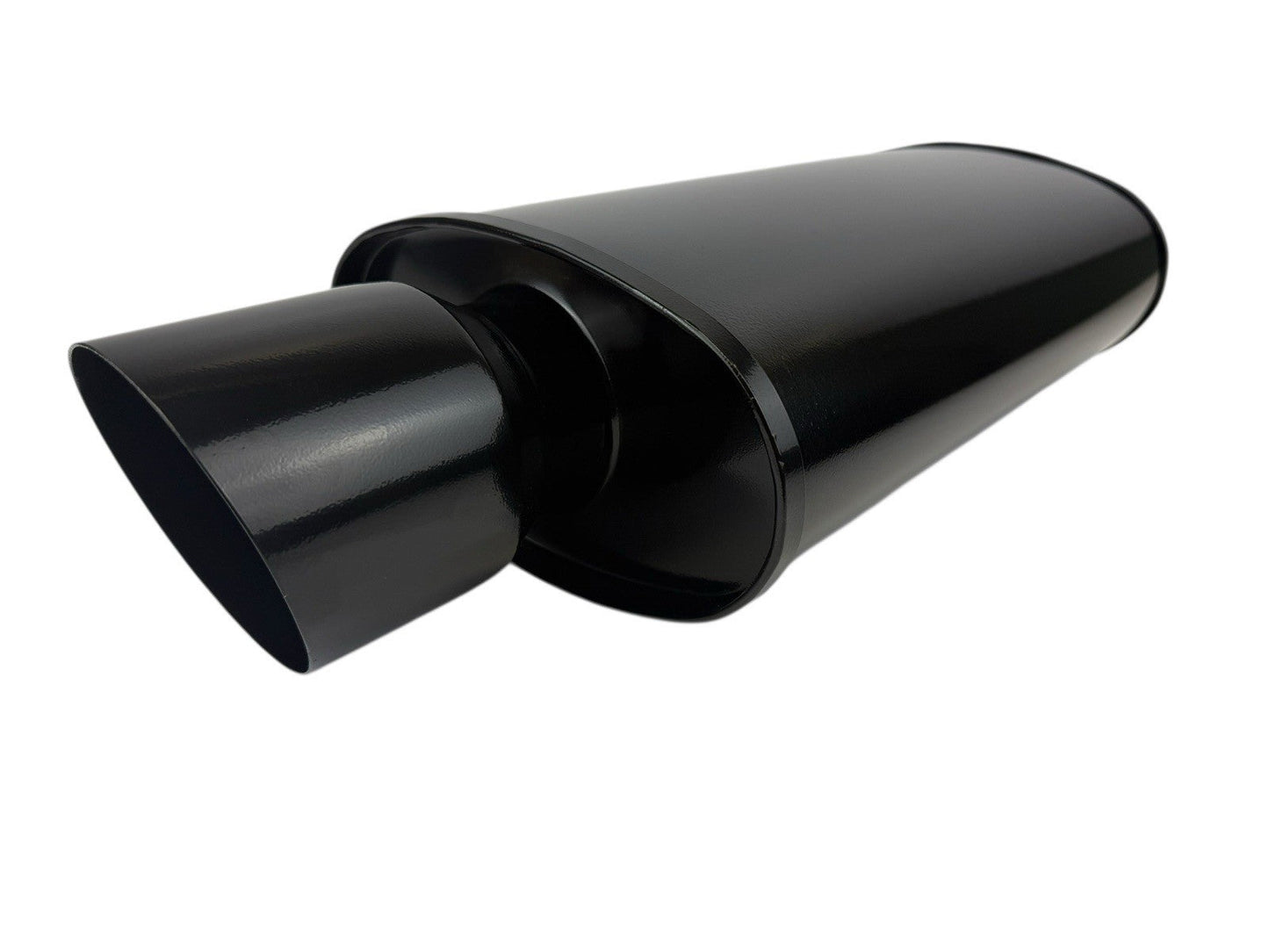 JackSpania Racing black single wall universal short tip muffler with oval shape, 3-inch inlet, and 3.5-inch outlet for exhaust systems