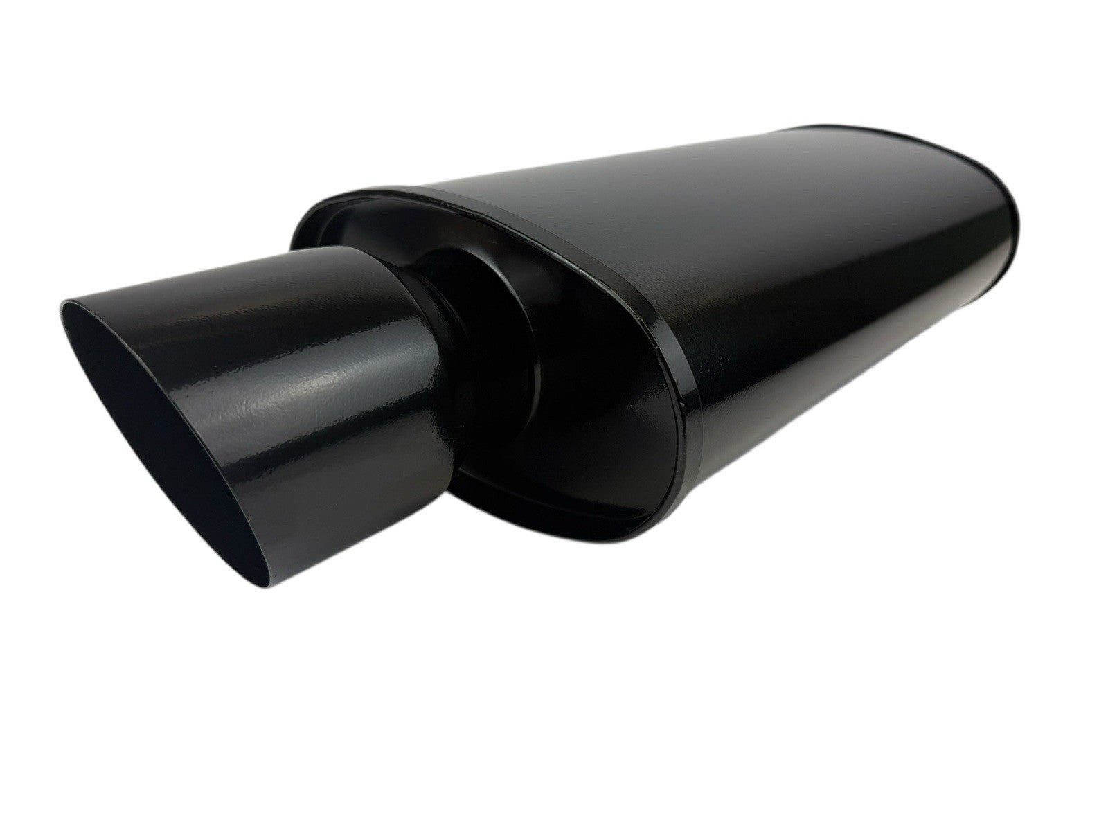 JackSpania Racing black single wall universal short tip muffler with oval shape, 3-inch inlet, and 3.5-inch outlet for exhaust systems