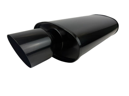 JackSpania Racing black single wall universal short tip muffler with oval shape, 3-inch inlet, and 3.5-inch outlet for exhaust systems
