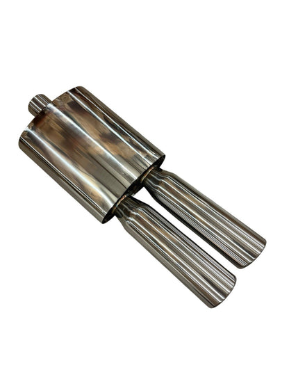 Polished JackSpania Racing 2.5-inch Fireball Mega Blastpipe muffler with dual tips and VIP tip design for exhaust enhancement.