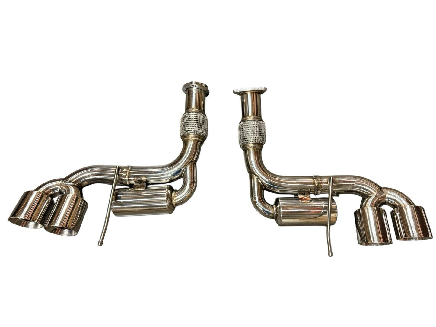 JackSpania Racing axle back exhaust for Chevrolet Corvette C8 2020+ 6.2L V8 with 3-inch Helmholtz muffler, showcasing polished metal components.