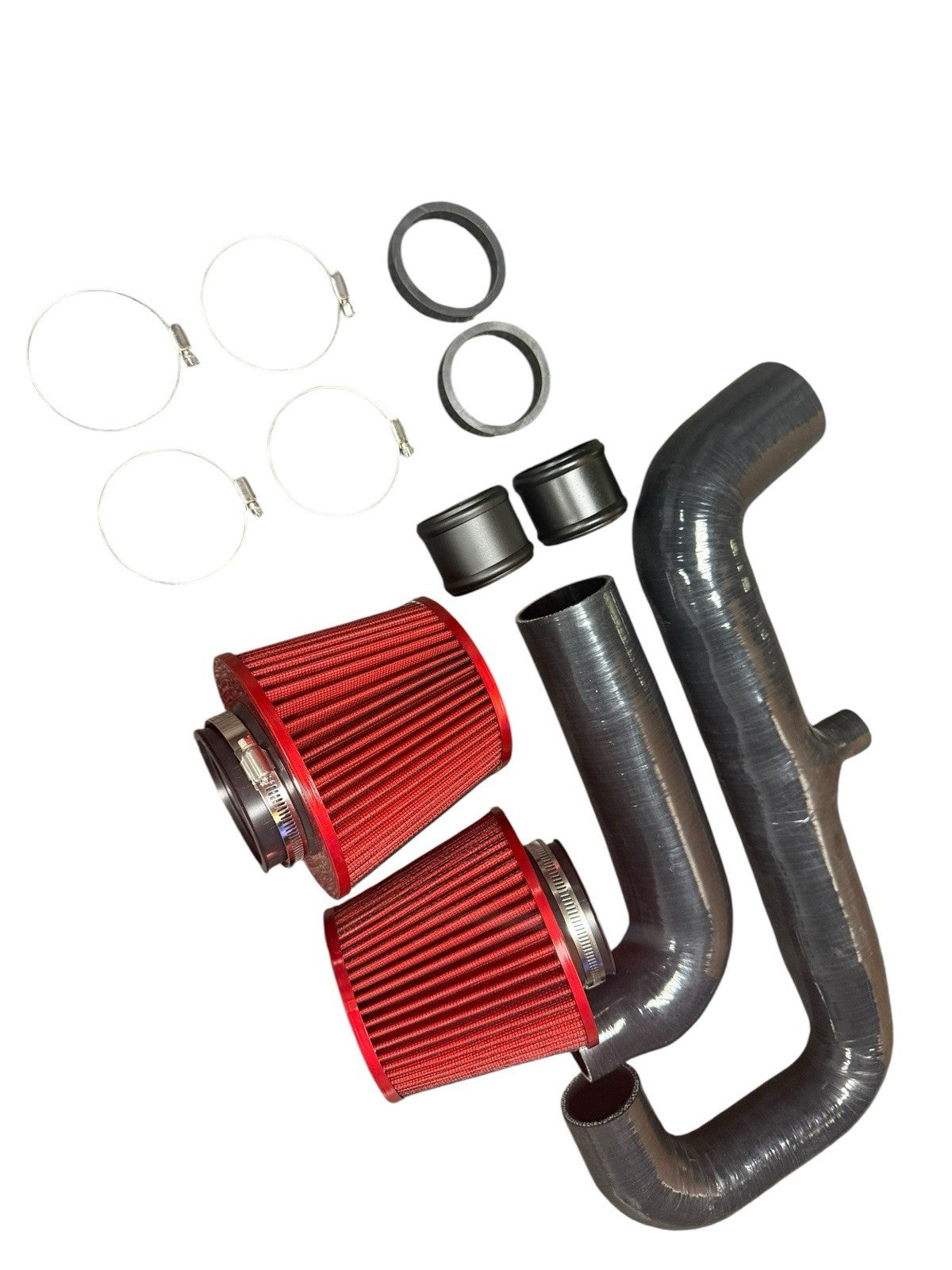 High Flow Cold Air Intake Kit for BMW 135i, 335i, 335is, 335xi N54 Turbo engine by JackSpania Racing, with metal and rubber components.