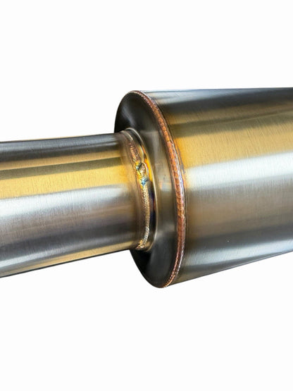 JackSpania Racing brushed stainless steel muffler with 3-inch outlet and universal inlet, spoon style exhaust part.