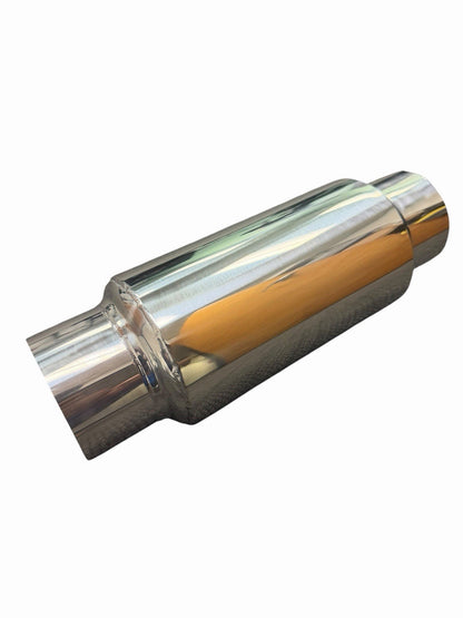 JackSpania Racing 2.5" and 3" inlet outlet mini muffler exhaust resonator made of steel for performance vehicle exhaust systems.