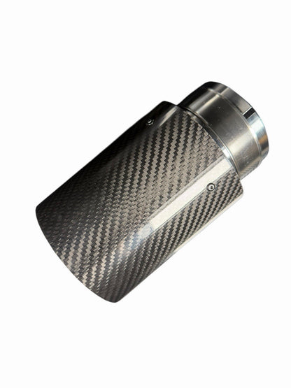 Gloss resonated carbon fiber exhaust pipe tip, 3-inch M Performance style, by JackSpania Racing, showcasing sleek carbon fiber finish.