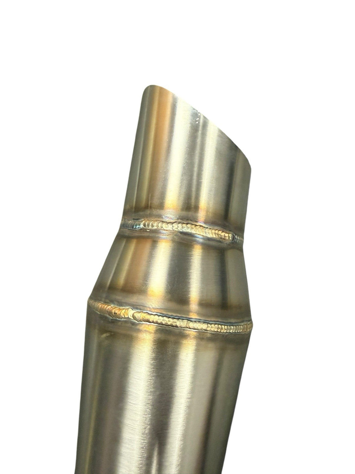 Stainless steel 2.5-inch custom megaphone exhaust pipe hood with reverse cone design, made by JackSpania Racing for exhaust systems.