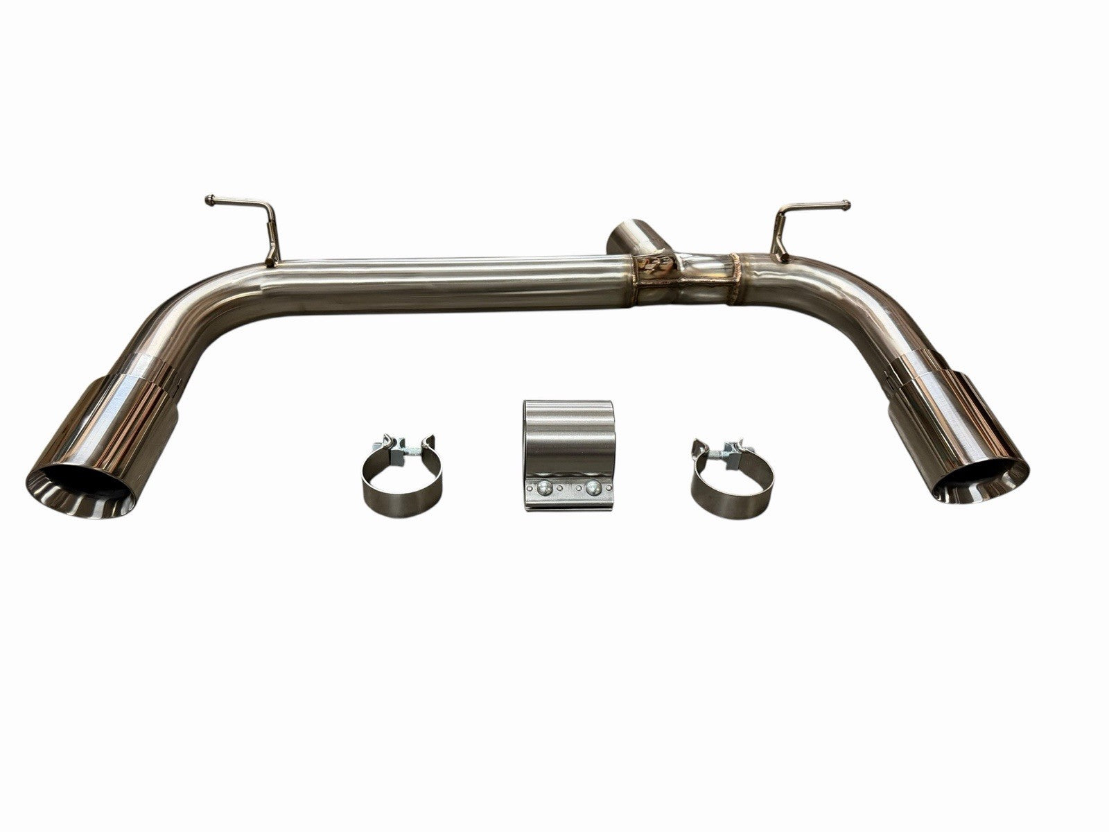 Polished axle back muffler exhaust for BMW F30 F32 335i 435i, by JackSpania Racing, with shiny chrome finish and dual exhaust tips.