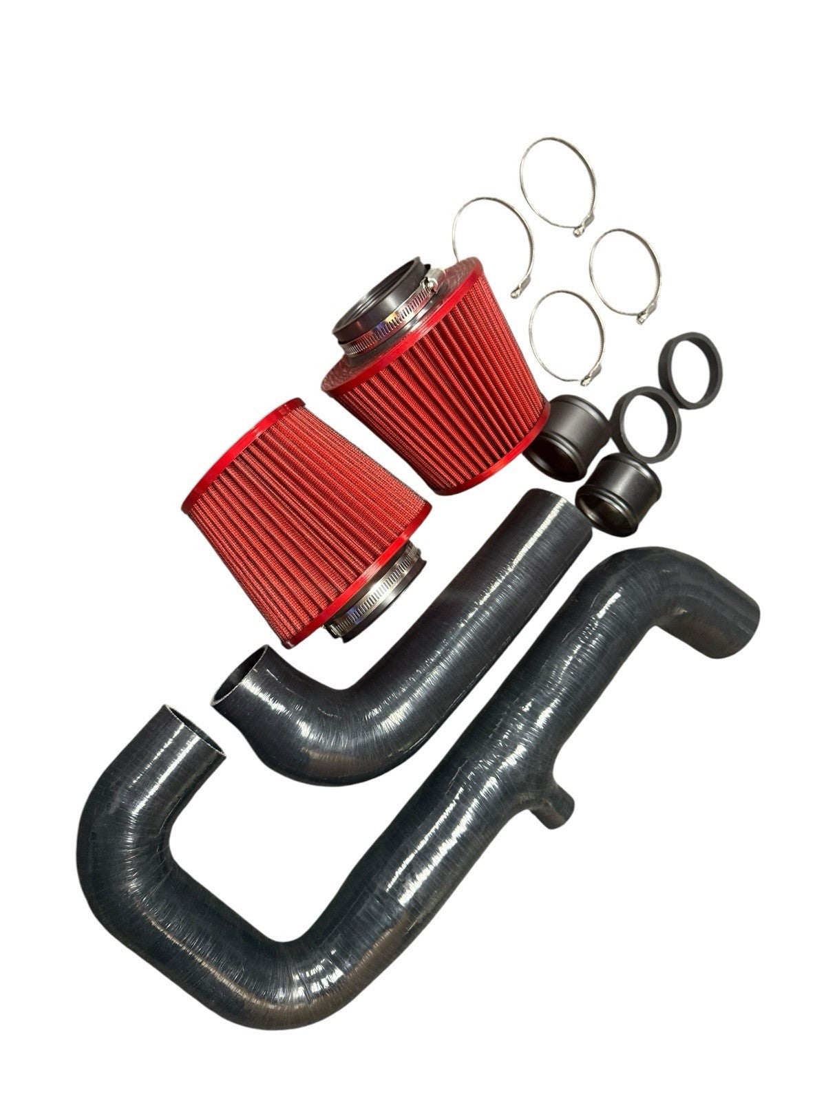 JackSpania Racing high flow cold air intake kit for 2007-12 BMW 135i 335i N54 turbo engine, featuring polished metal and flexible hoses.
