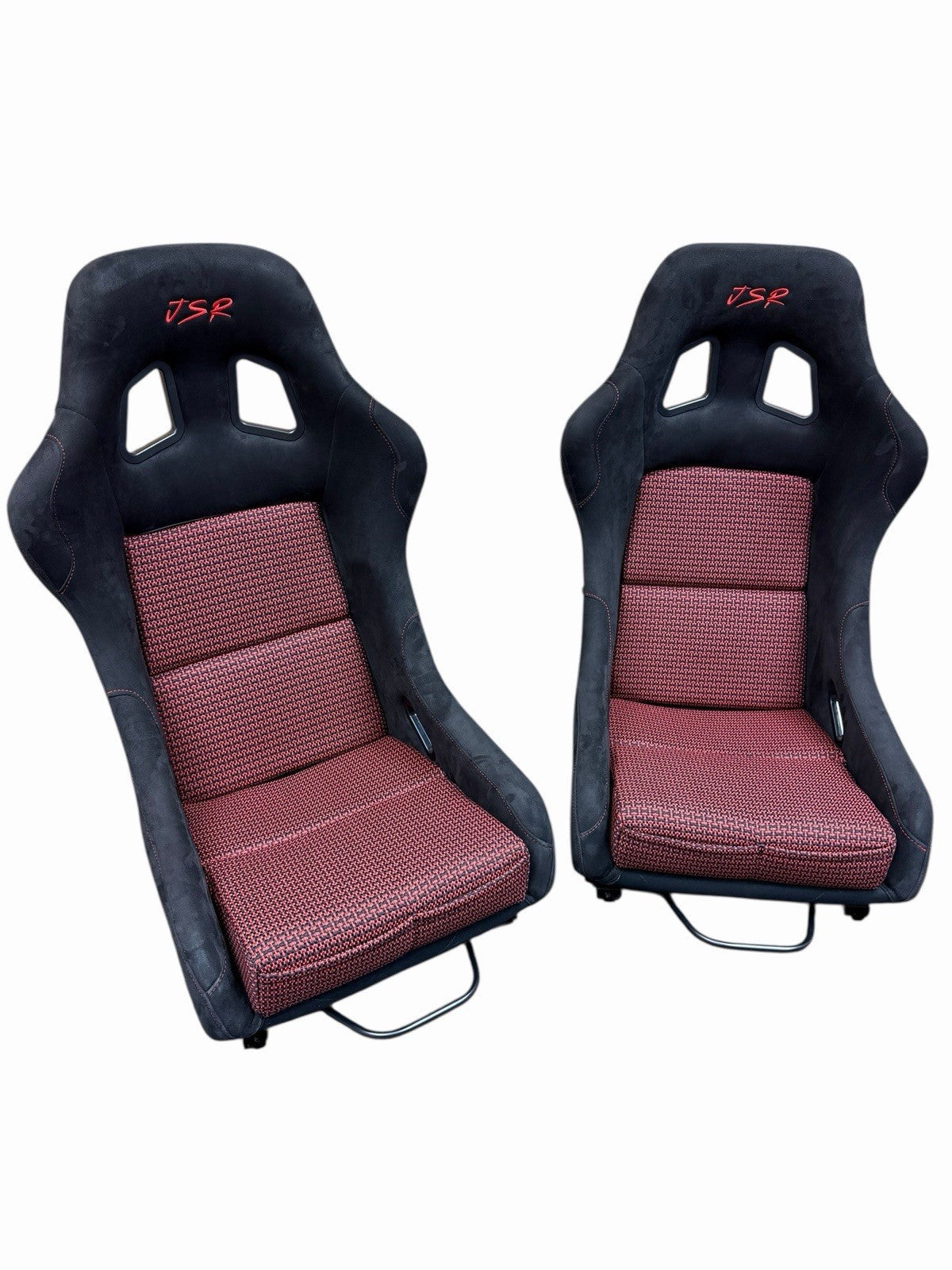JackSpania Racing universal lightweight fixed bucket seat with rails and sliders in suede, showing the interior design and mounting hardware