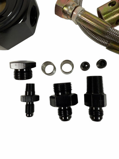 JackSpania Racing Honda Acura LS B20 oil supply line adapter plate for engine conversion, shown mounted on engine components.
