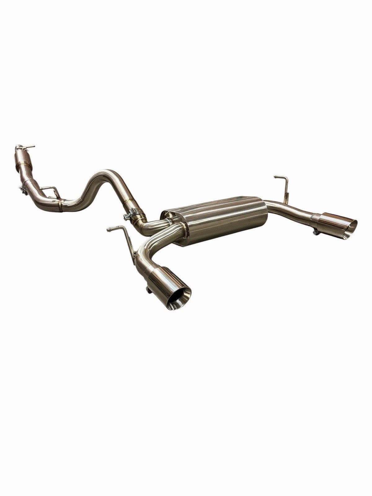 Stainless steel dual-tip cat-back exhaust system for 2007-2018 Jeep Wrangler JK by JackSpania Racing, showing polished tips and piping.