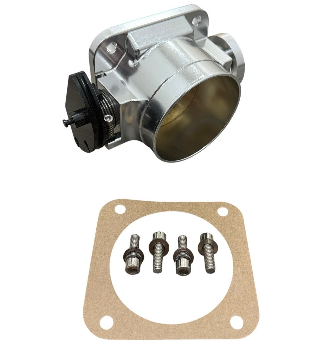 JackSpania Racing 90mm throttle body with 4-inch hose coupling adapter, compatible with 2JZ and 1JZ engine parts.