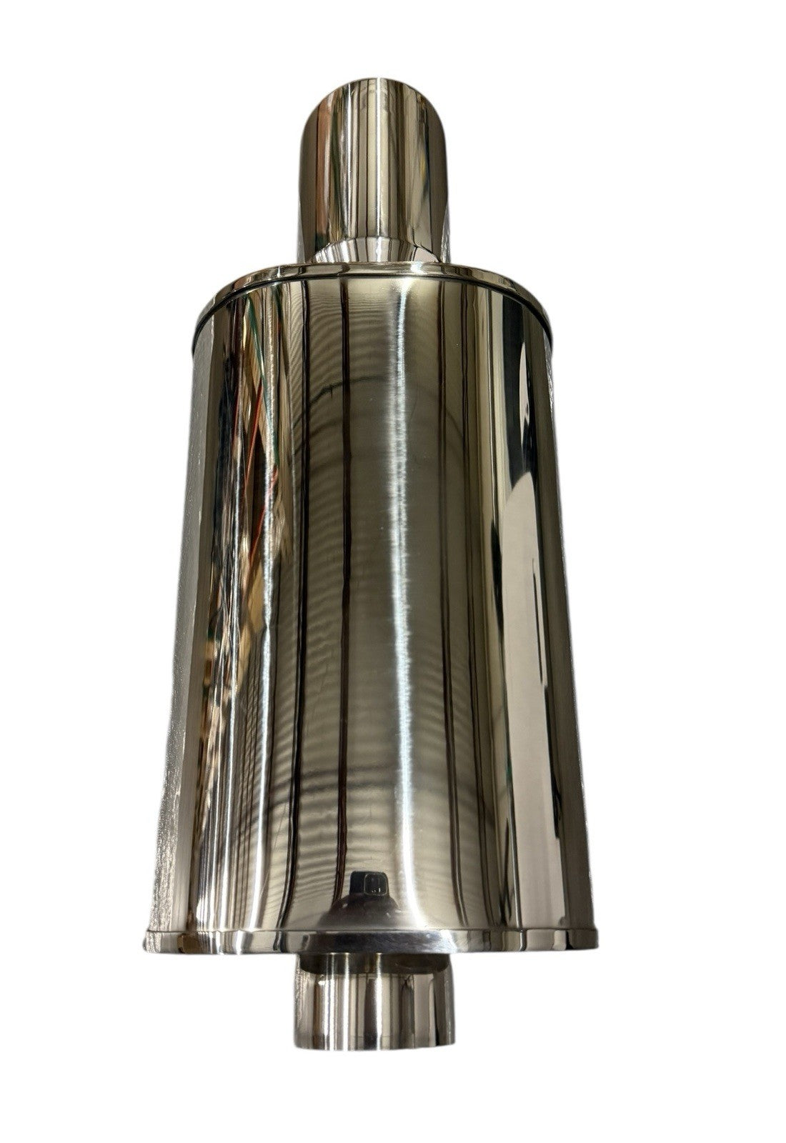 Polished JackSpania Racing dual wall universal short tip muffler with 3-inch inlet and 3.5-inch outlet for exhaust system upgrade.