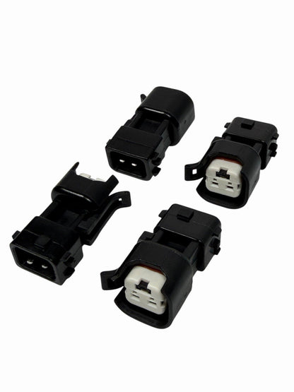 JackSpania Racing EV6 EV14 fuel injector adapter quick connector harness set for engine fuel system, shown with connectors and wiring.