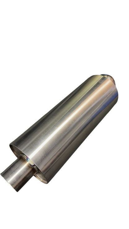 Stainless steel JackSpania Racing 2.5" 3" inlet turn down pie cut dolphin muffler exhaust part on a white background.