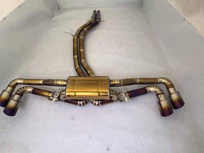 Titanium valved sport catback exhaust for 2018-2024 Lamborghini Urus by JackSpania Racing, showcasing sleek exhaust pipes and valves.