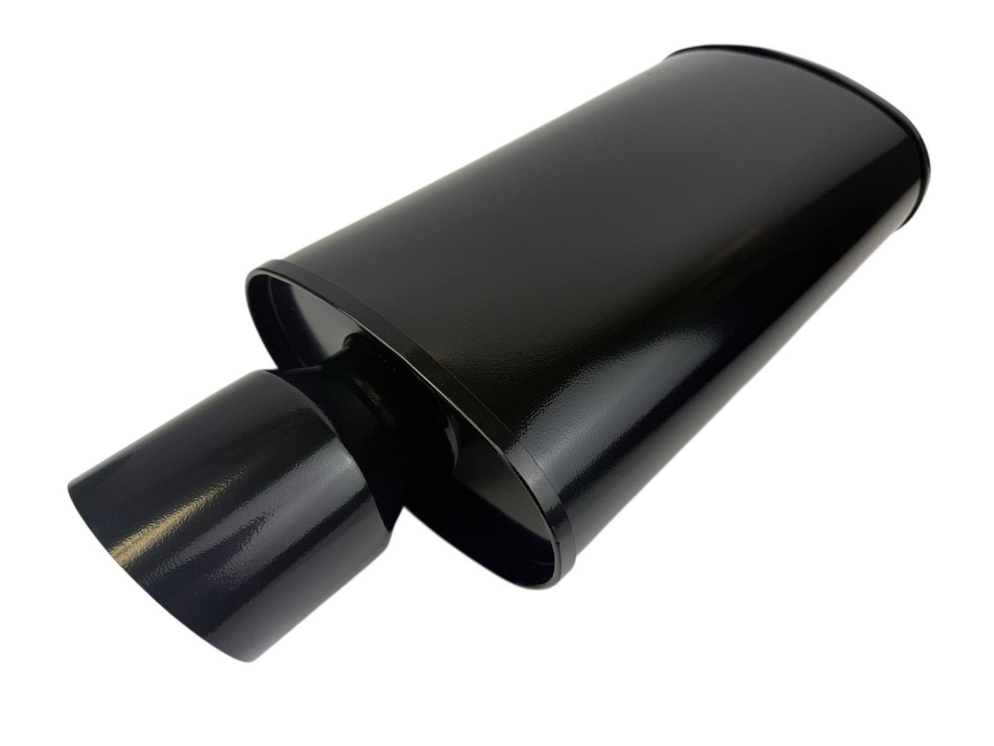 Black JackSpania Racing single wall 3-inch oval muffler with 3.5-inch outlet and 3-inch inlet, designed for exhaust systems.