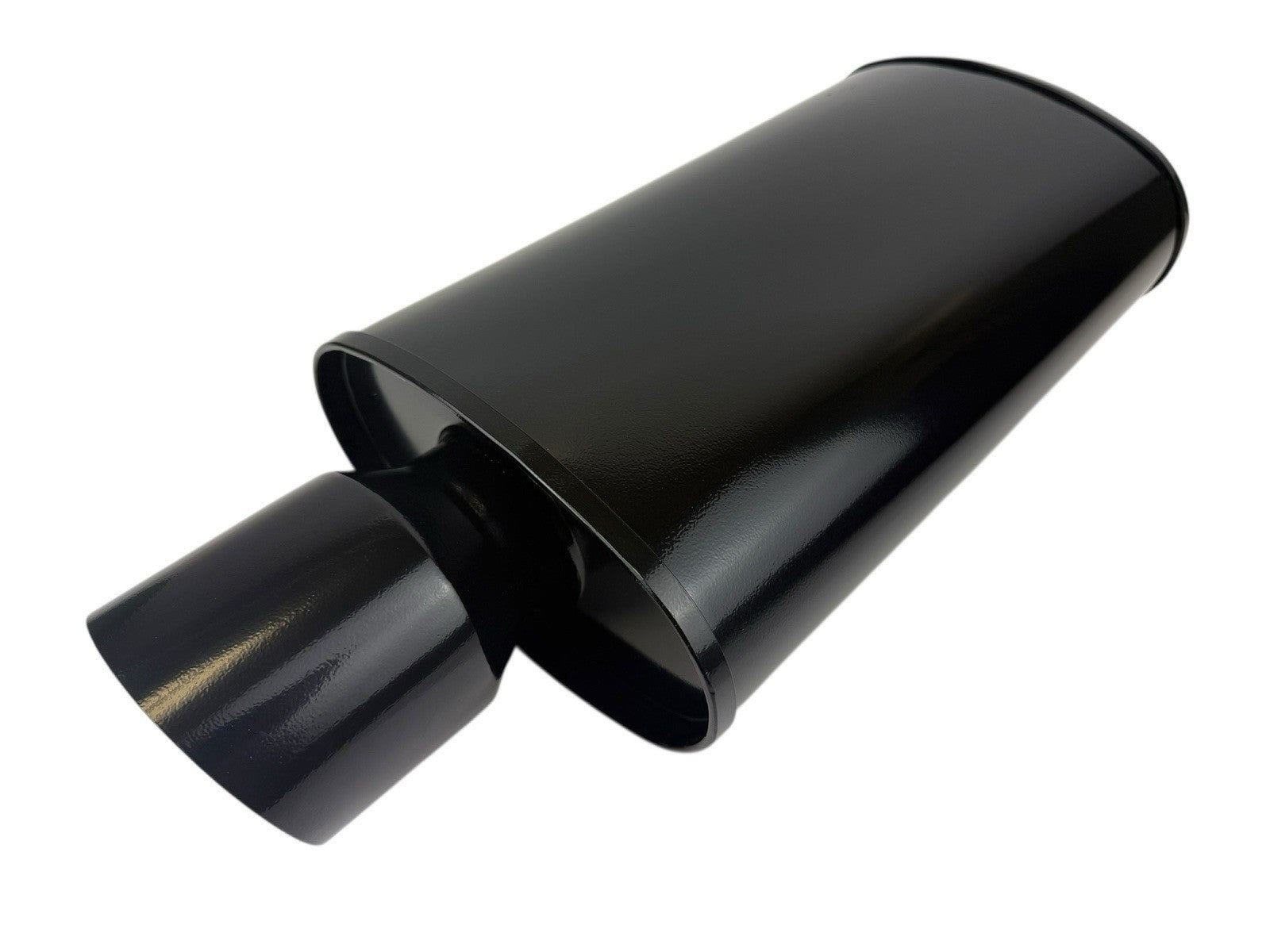 Black JackSpania Racing single wall 3-inch oval muffler with 3.5-inch outlet and 3-inch inlet, designed for exhaust systems.
