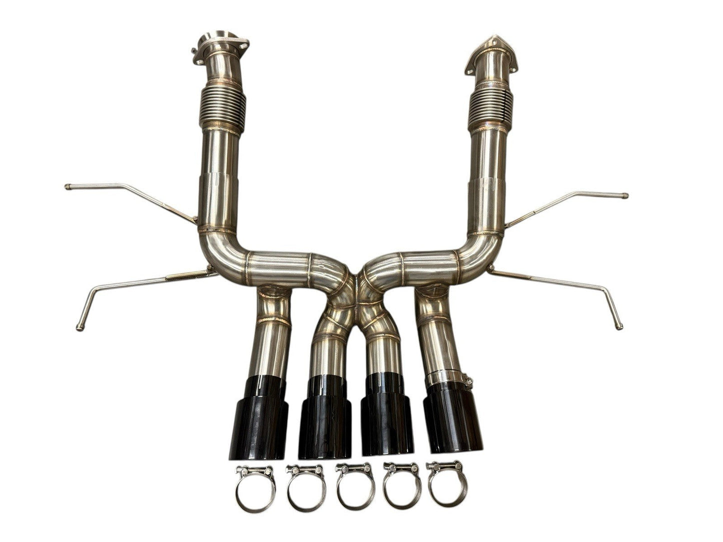 JackSpania Racing exhaust for Chevrolet Corvette C8 Z06 5.5L V8 with 3-inch muffler pipe, showing polished metal finish and connection points