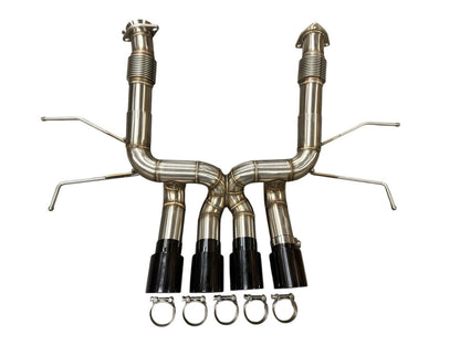 JackSpania Racing exhaust for Chevrolet Corvette C8 Z06 5.5L V8 with 3-inch muffler pipe, showing polished metal finish and connection points