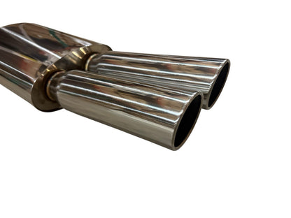 Polished 2.5-inch Fireball Mega Blastpipe exhaust muffler with dual tips, VIP tip design, by JackSpania Racing.