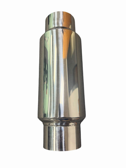 JackSpania Racing 2.5" and 3" inlet/outlet mini muffler exhaust resonator made of steel, designed for performance exhaust systems.