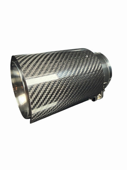 Gloss resonated carbon fiber exhaust pipe tip, 3-inch M Performance style, by JackSpania Racing, showing the sleek, shiny finish and design details.