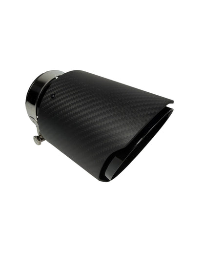 JackSpania Racing carbon fiber exhaust pipe tip, 3-inch universal tailpipe, with sleek black finish and polished tip for car exhaust upgrade.