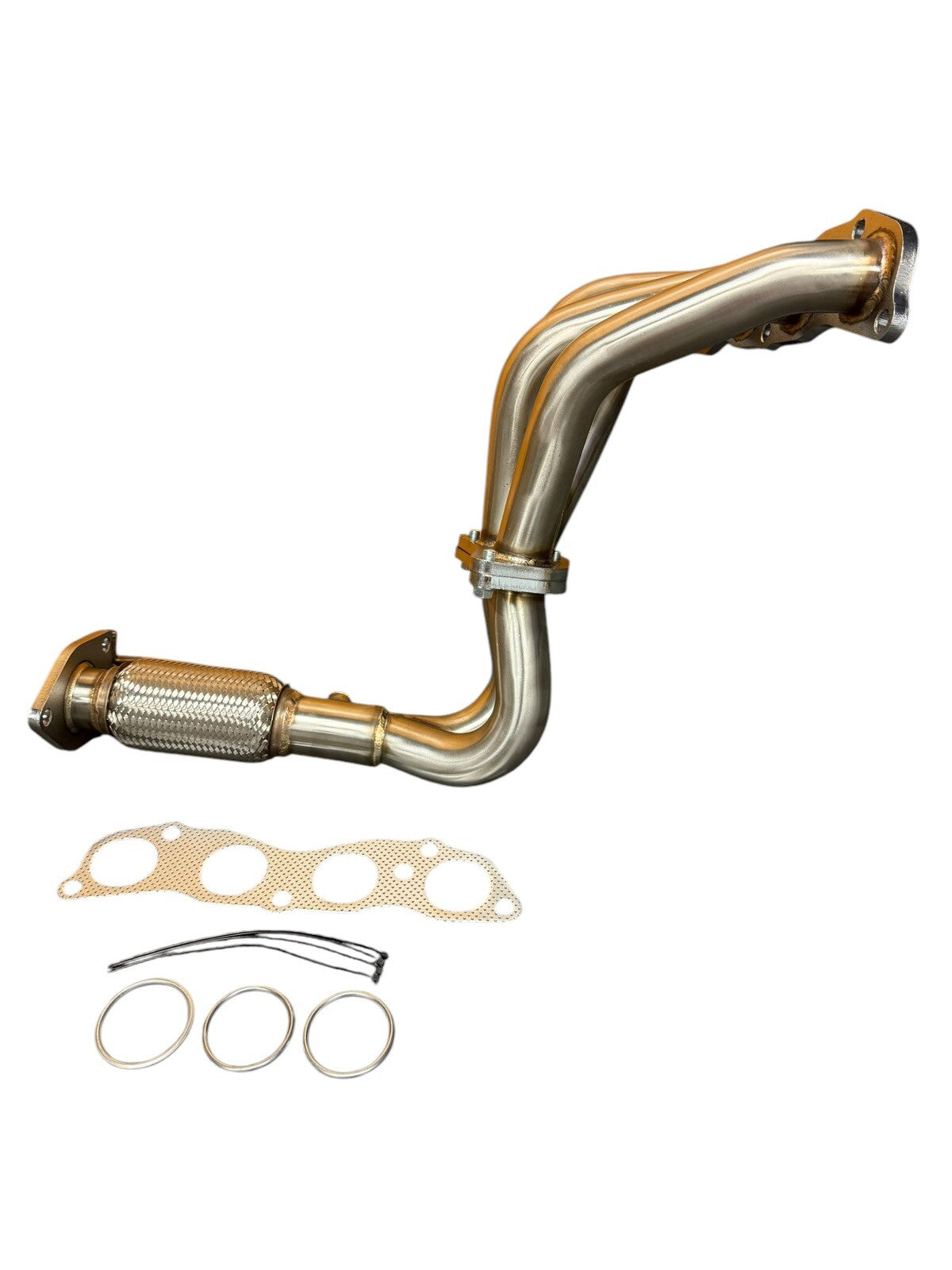 Stainless steel exhaust header for 2003-2007 Honda Accord LX 2.4L K24 engine by JackSpania Racing, showing polished metal pipes.