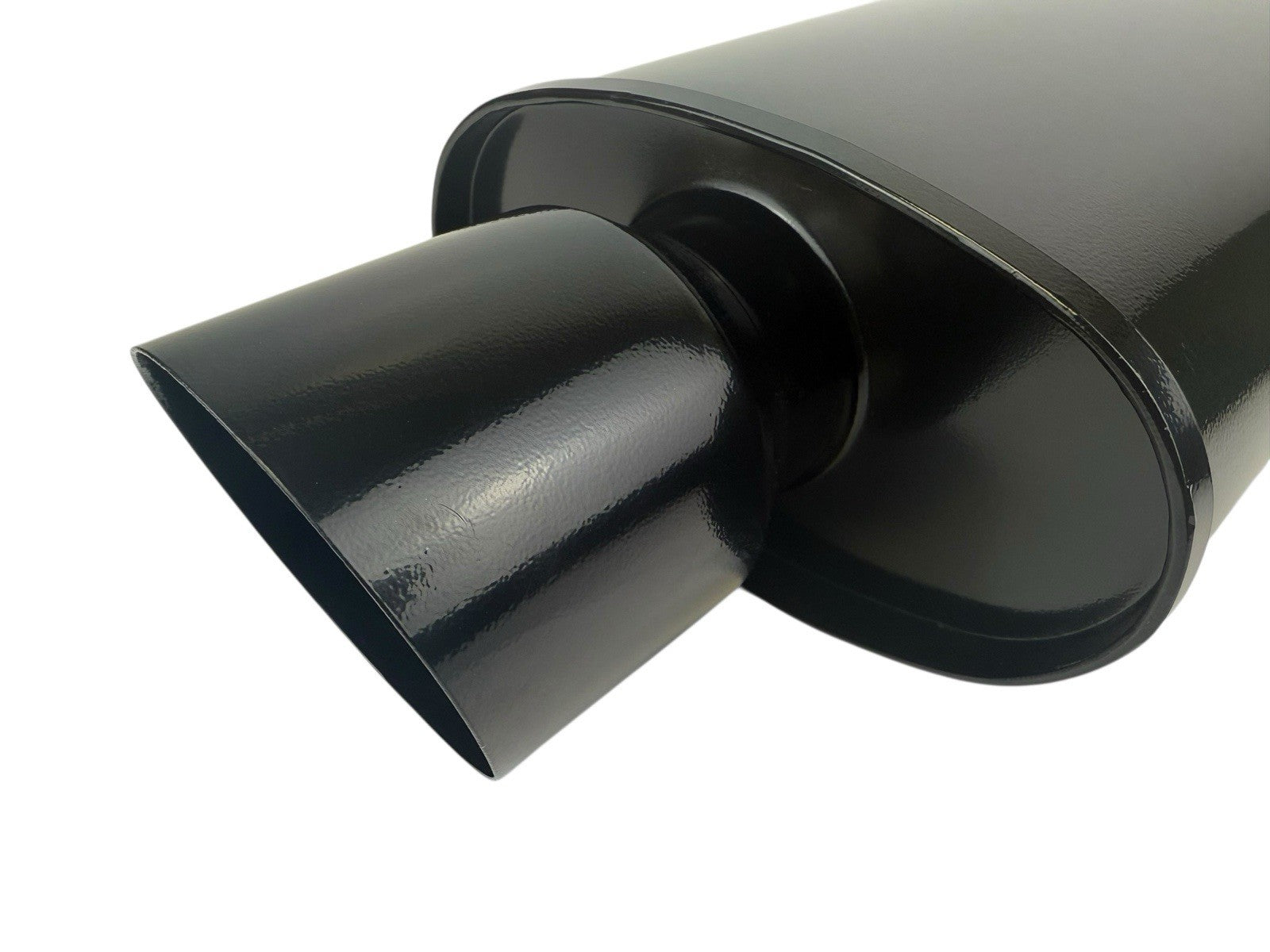 Black JackSpania Racing single wall 3-inch muffler with oval shape, 3.5-inch outlet and 3-inch inlet for exhaust systems.