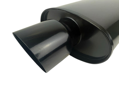 Black JackSpania Racing single wall 3-inch muffler with oval shape, 3.5-inch outlet and 3-inch inlet for exhaust systems.