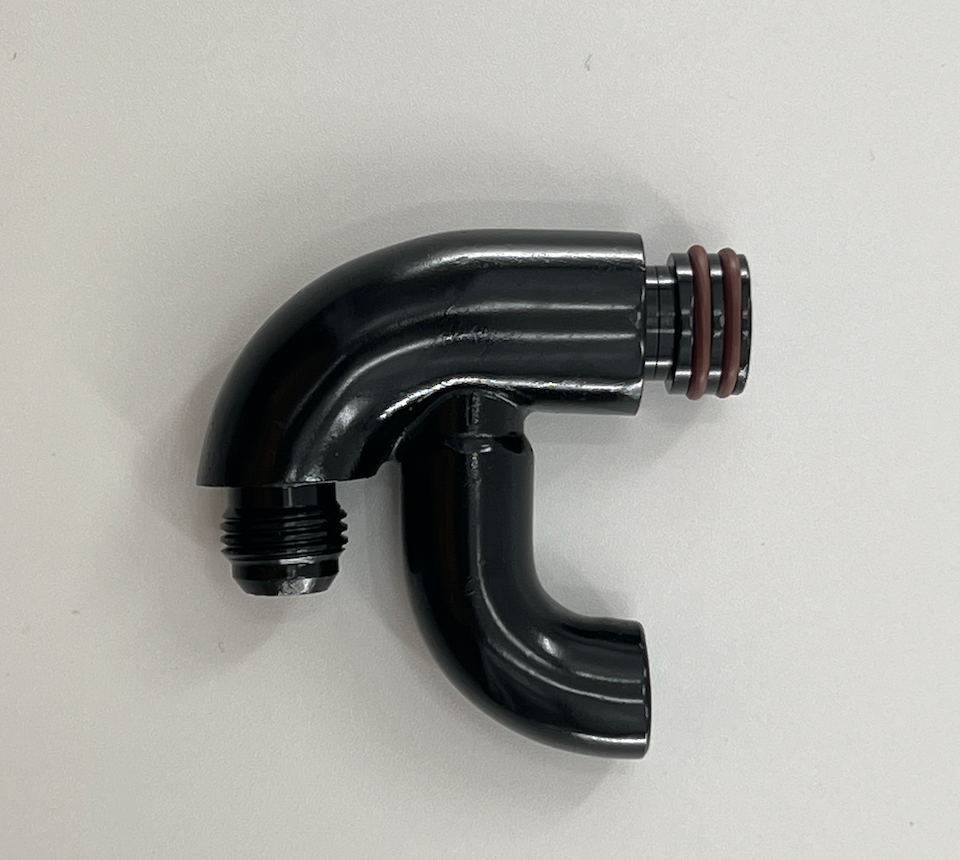 JackSpania Racing center mount fuel rail gauge holder with AN6 fitting installed on K Tuned K Series fuel rail engine part