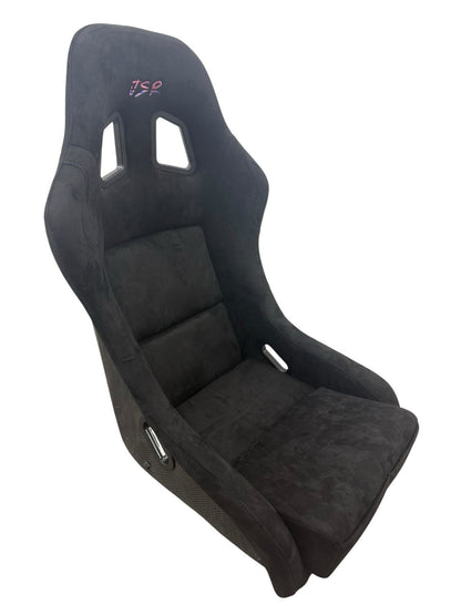 JackSpania Racing universal lightweight fixed bucket seat with suede upholstery, mounted on rails and sliders for interior car customization.