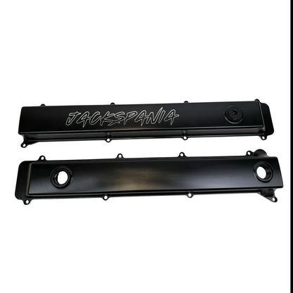 Toyota Supra 2JZGTE VVTI billet valve covers with anodized oil cap and bolts, high-performance engine parts by JackSpania Racing