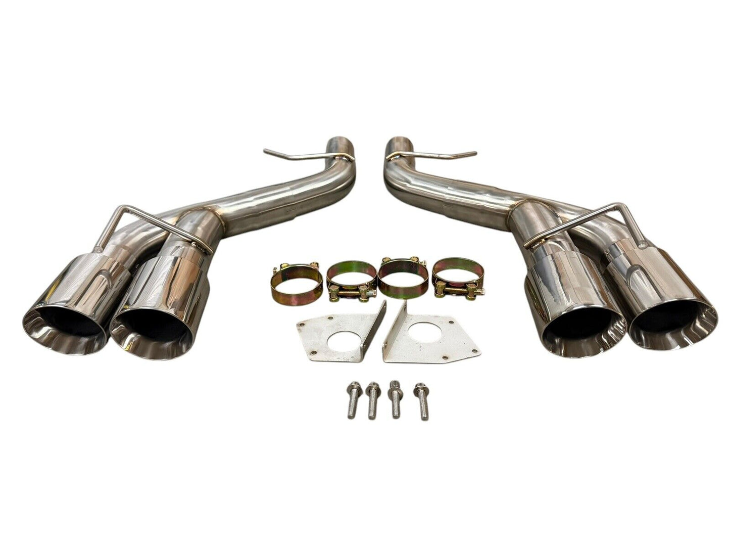 Stainless steel axle back delete muffler for Chevy Camaro SS ZL1 V8 2016-2023, by JackSpania Racing, showing exhaust pipe detail.