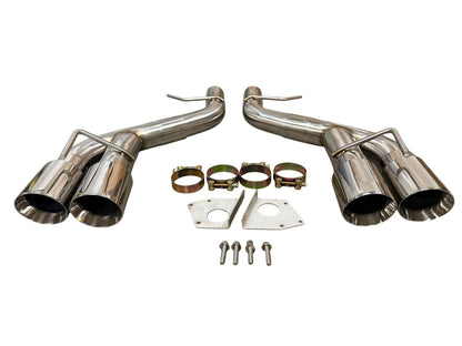 Stainless steel axle back delete muffler for Chevy Camaro SS ZL1 V8 2016-2023, by JackSpania Racing, showing exhaust pipe detail.