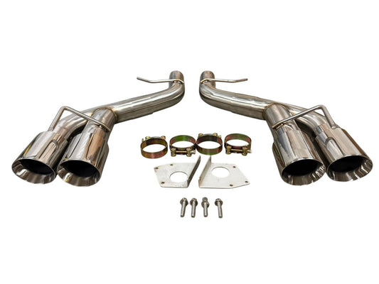 Stainless steel axle back delete muffler for Chevy Camaro SS ZL1 V8 2016-2023, by JackSpania Racing, showing exhaust pipe detail.