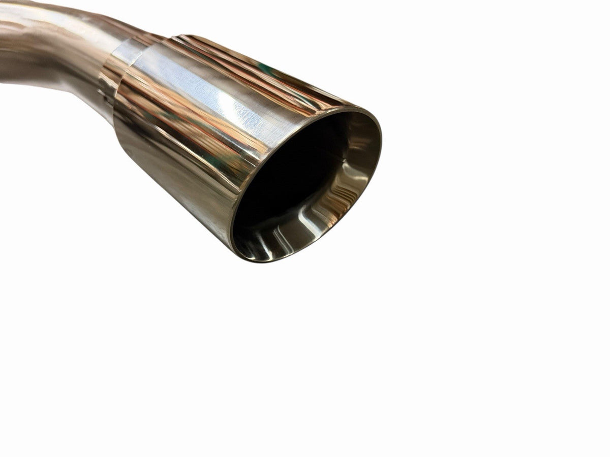 Polished axle back muffler exhaust for BMW F30 F32 335i 435i, JackSpania Racing exhaust parts, shiny metal finish.