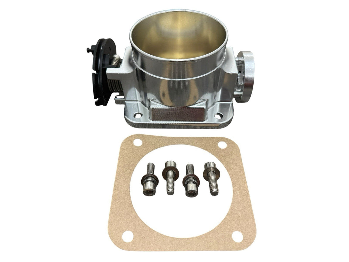 JackSpania Racing 90mm throttle body with 4-inch hose coupling adapter for 2JZ and 1JZ engines, engine parts for performance upgrades.
